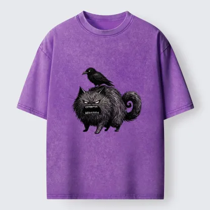 Tokyo-Tiger Angry Black Cat With Crow On Its Back Washed T-Shirt