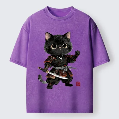 Tokyo-Tiger Samurai Black Cat With Katana Cute Art Washed T-Shirt