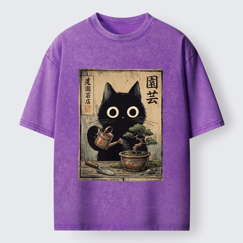 Tokyo-Tiger Black Cat Watering Bonsai Tree Washed T-Shirt
