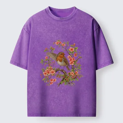 Tokyo-Tiger Beautiful Robin And Spring Flowers Washed T-Shirt