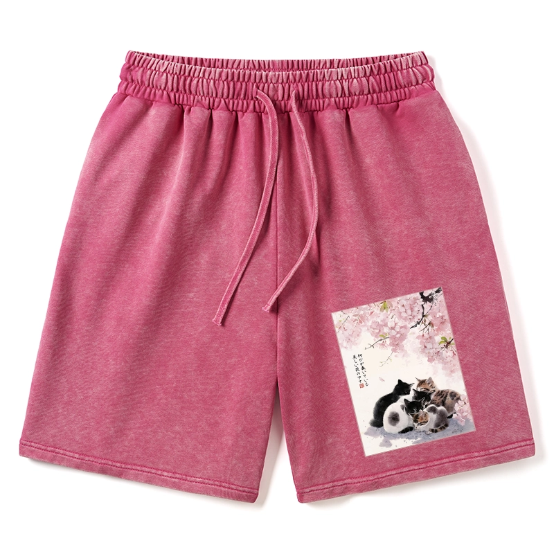 Tokyo-Tiger Cute Cats Sakura Garden Washed Shorts
