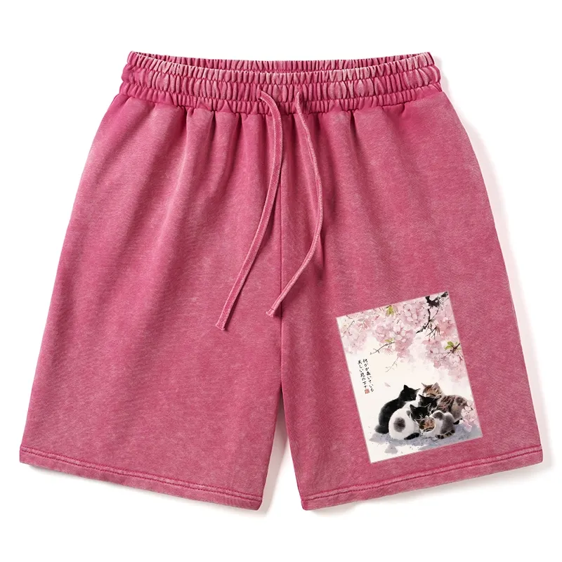 Tokyo-Tiger Cute Cats Sakura Garden Washed Shorts