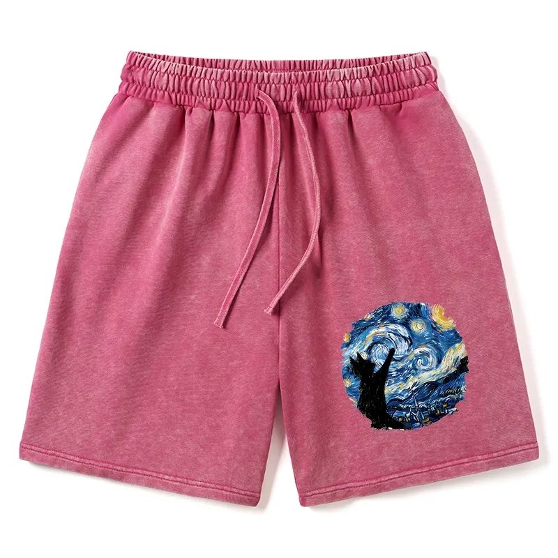 Tokyo-Tiger Starry Night Black Cat Washed Shorts