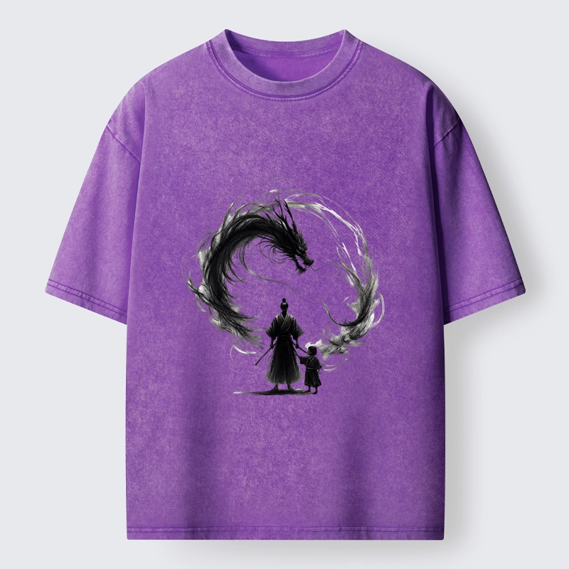 Tokyo-Tiger Samurai And Dragon Fatherhood Washed T-Shirt