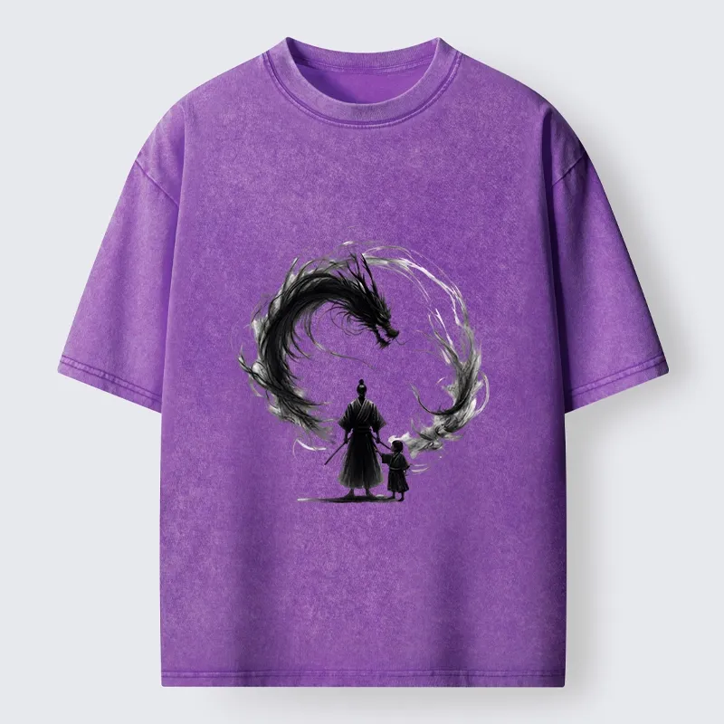 Tokyo-Tiger Samurai And Dragon Fatherhood Washed T-Shirt