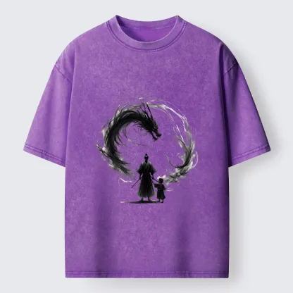 Tokyo-Tiger Samurai And Dragon Fatherhood Washed T-Shirt