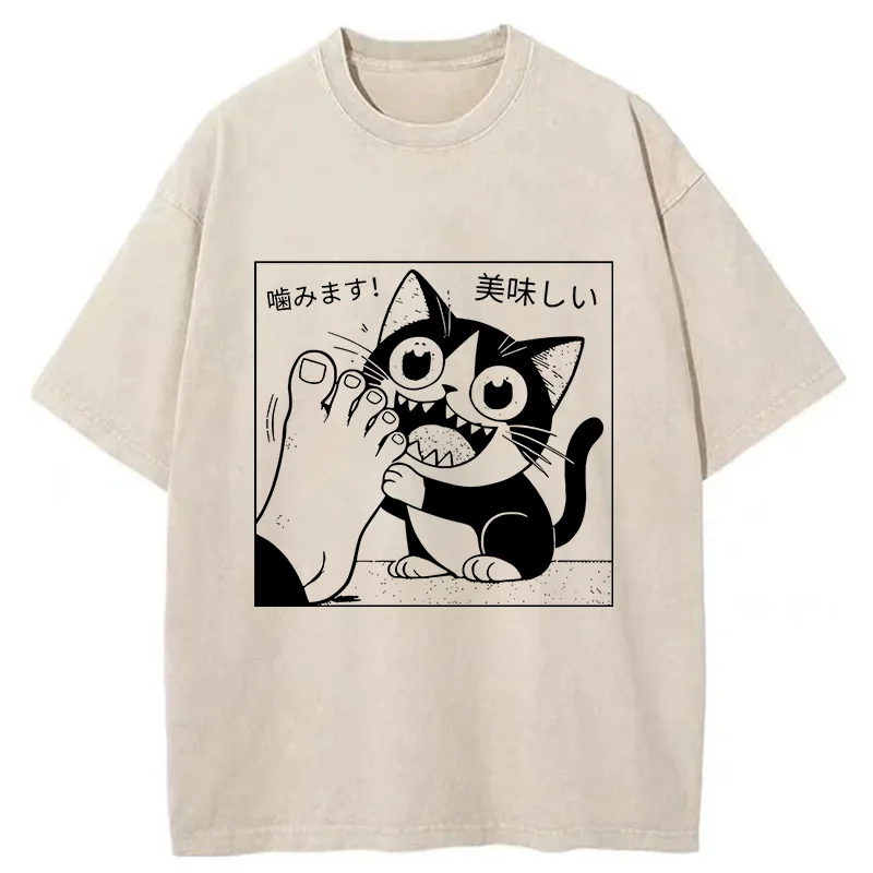 Tokyo-Tiger Cat Chewing Human Feet Washed T-Shirt