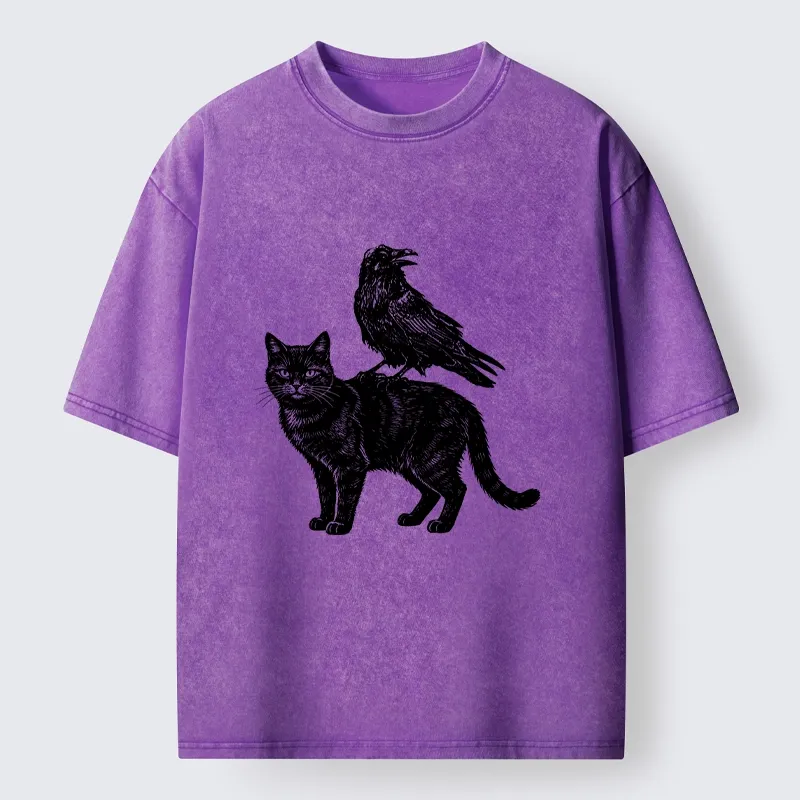 Tokyo-Tiger Funny Meme About Spooky Cat And Crow Washed T-Shirt