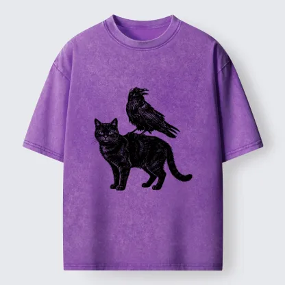Tokyo-Tiger Funny Meme About Spooky Cat And Crow Washed T-Shirt
