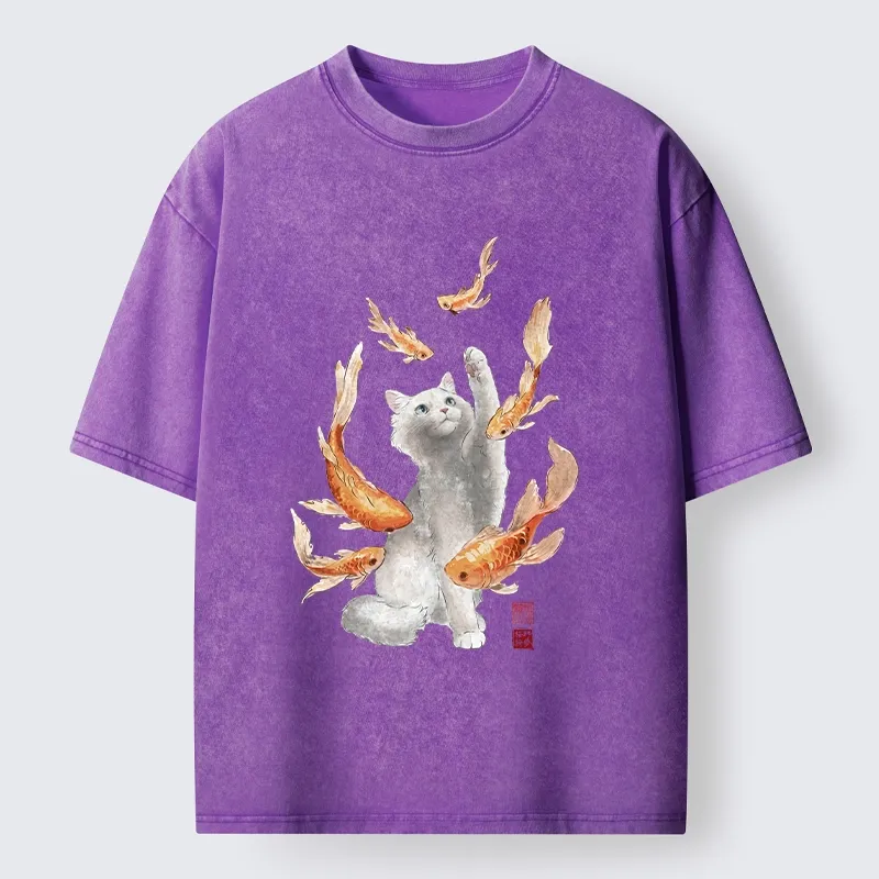 Tokyo-Tiger Fluffy Cat Chasing Koi Fish Dreams Washed T-Shirt