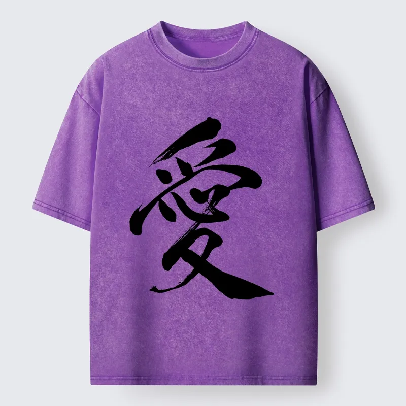 Tokyo-Tiger Japanese Kanji Love In Brush Strokes Washed T-Shirt