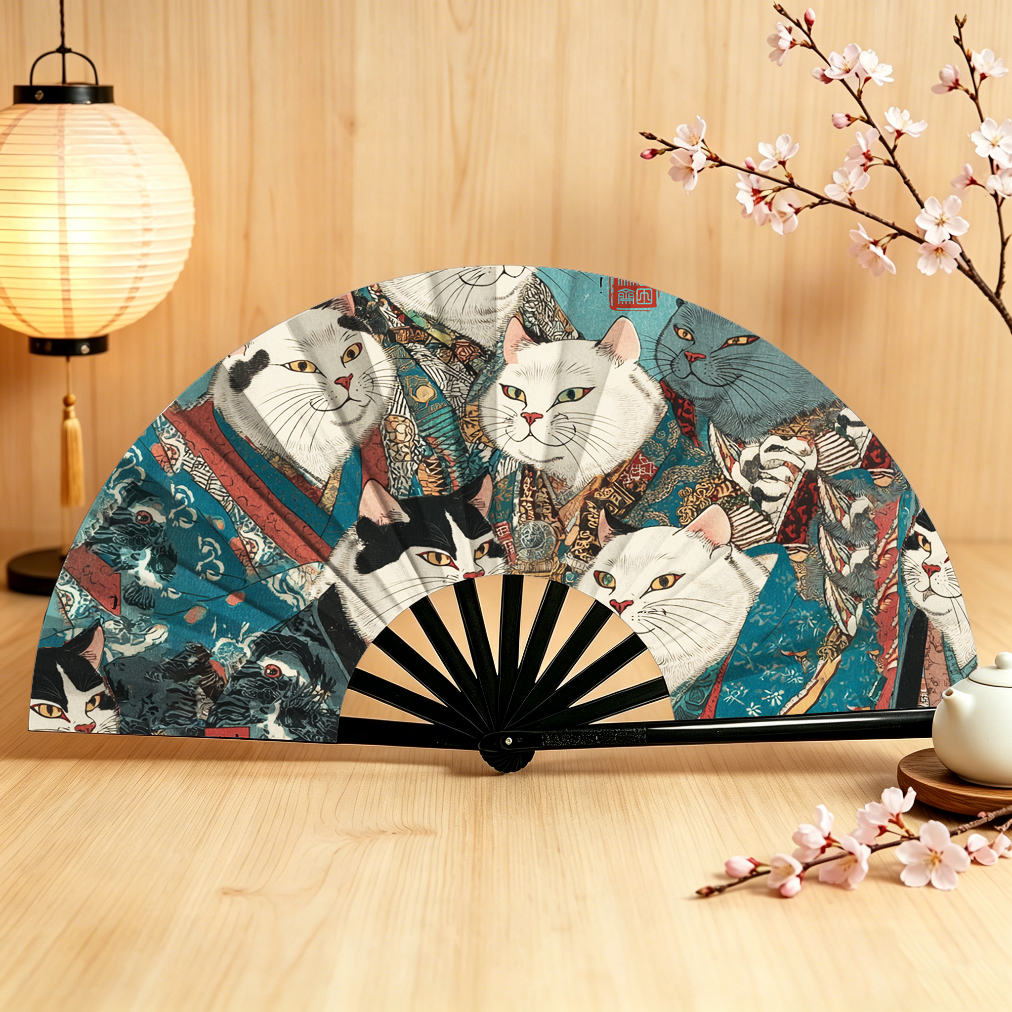 Tokyo-Tiger Formal Gathering of Ukiyo-e Cat Nobles Hand Fan