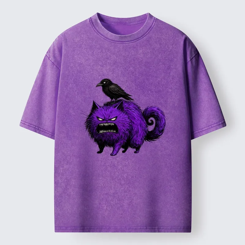 Tokyo-Tiger Spooky Purple Cat Ready To Attack Washed T-Shirt