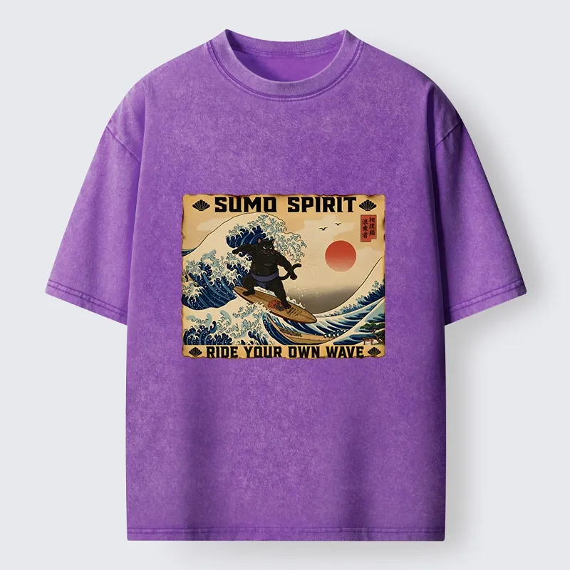 Tokyo-Tiger Sumo Cat Riding Its Own Wave Washed T-Shirt