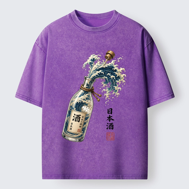 Tokyo-Tiger Ocean Wave Poured From A Sake Bottle Washed T-Shirt