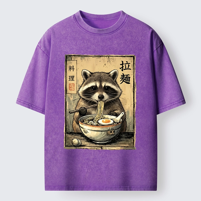 Tokyo-Tiger Raccoon Eating Ramen And Loving It Washed T-Shirt