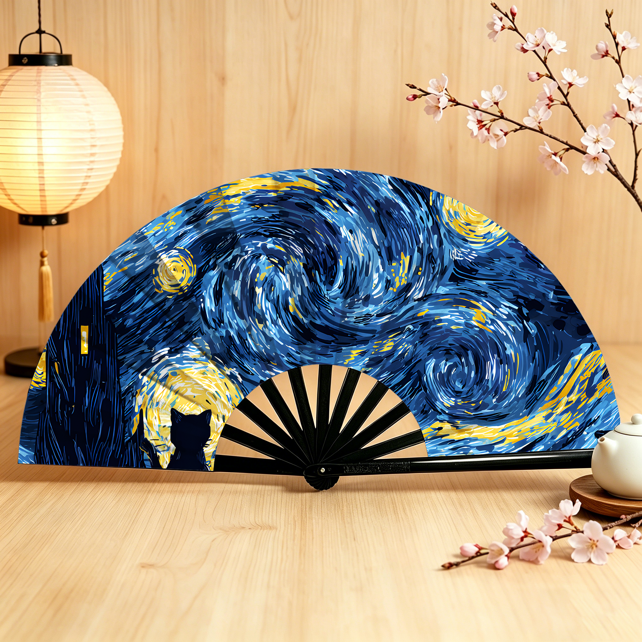 Tokyo-Tiger Cat Under The Stars Hand Fan