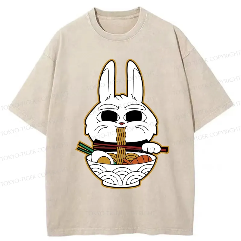 Tokyo-Tiger Rabbit Eating Ramen Washed T-Shirt