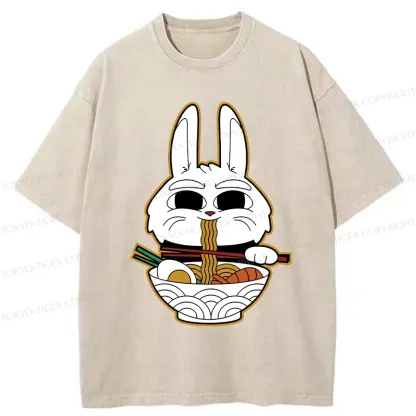 Tokyo-Tiger Rabbit Eating Ramen Washed T-Shirt