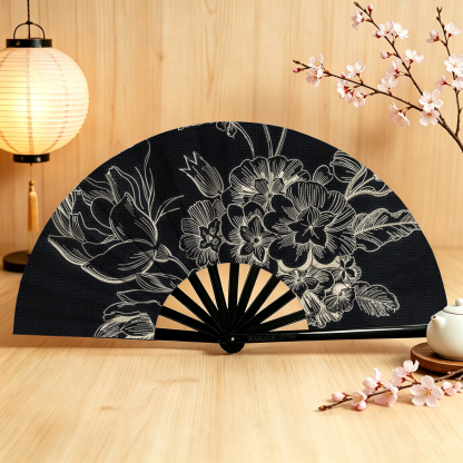 Tokyo-Tiger Monochrome Floral Elegance Hand Fan