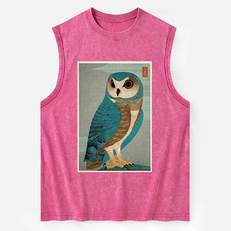 Tokyo-Tiger Vintage Owl Woodblock Art Washed Tank