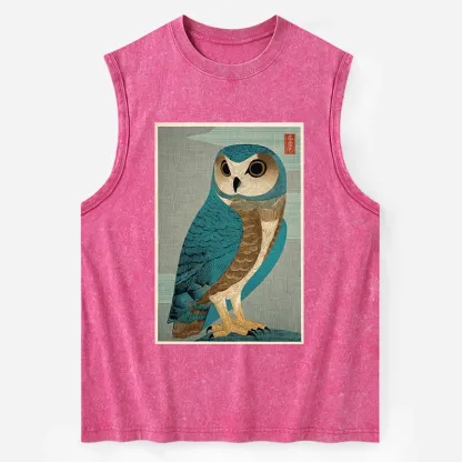 Tokyo-Tiger Vintage Owl Woodblock Art Washed Tank