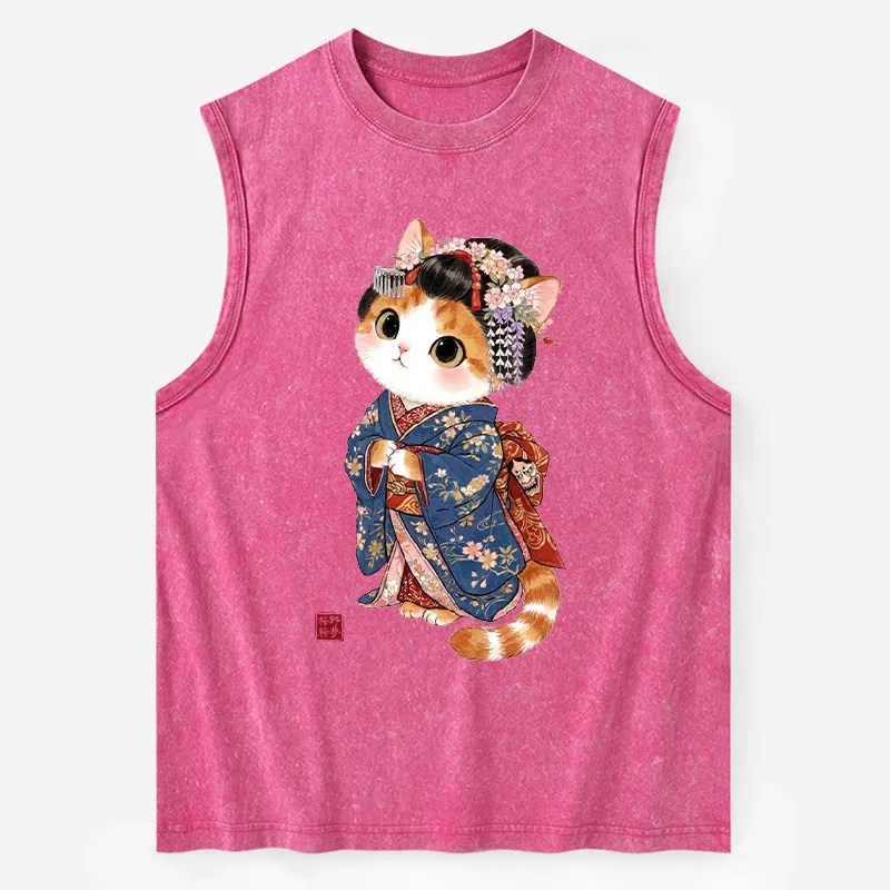 Tokyo-Tiger Cat Dressed As A Geisha Funny Washed Tank Sale