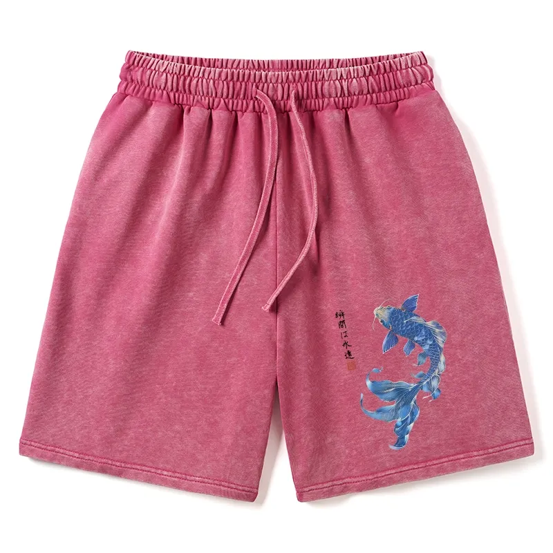 Tokyo-Tiger Lucky Blue Koi Fish Art Washed Shorts