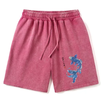 Tokyo-Tiger Lucky Blue Koi Fish Art Washed Shorts