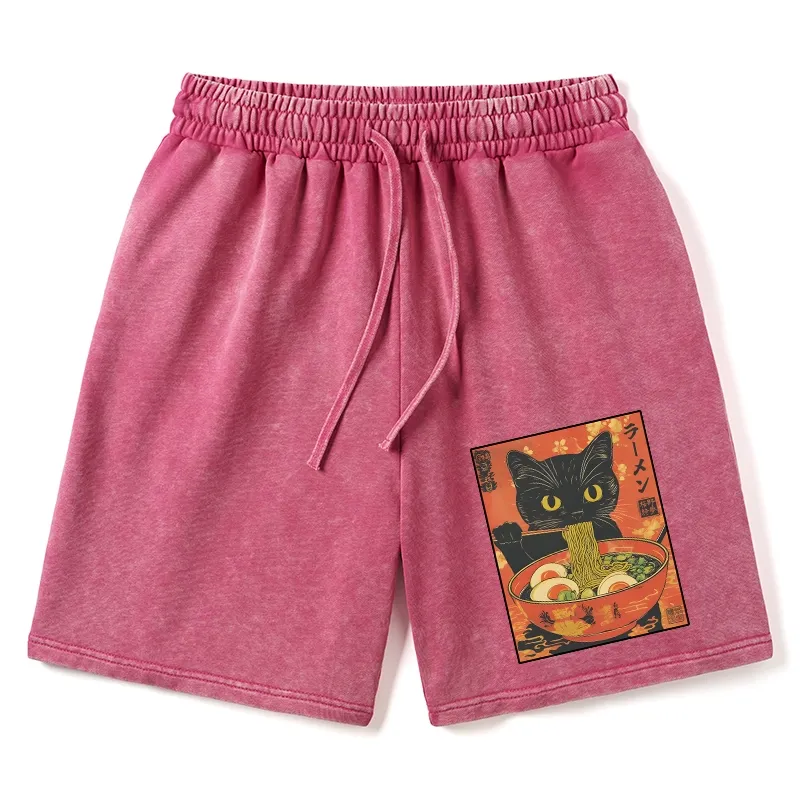 Tokyo-Tiger Hungry Black Cat Loves Ramen Washed Shorts