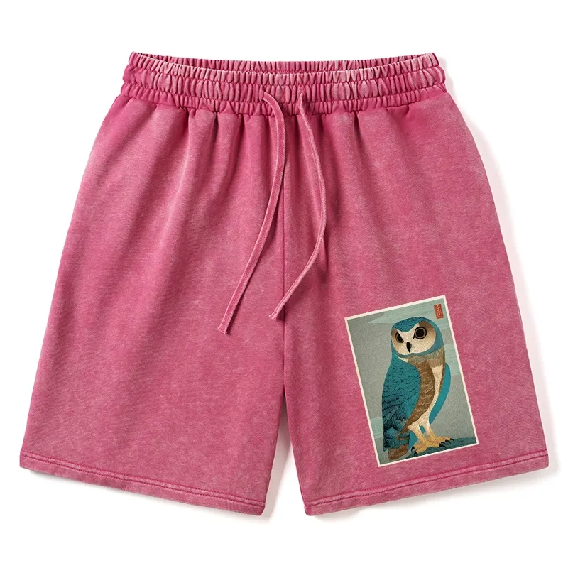 Tokyo-Tiger Vintage Owl Woodblock Art Washed Shorts Sale