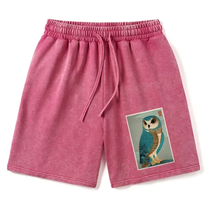 Tokyo-Tiger Vintage Owl Woodblock Art Washed Shorts