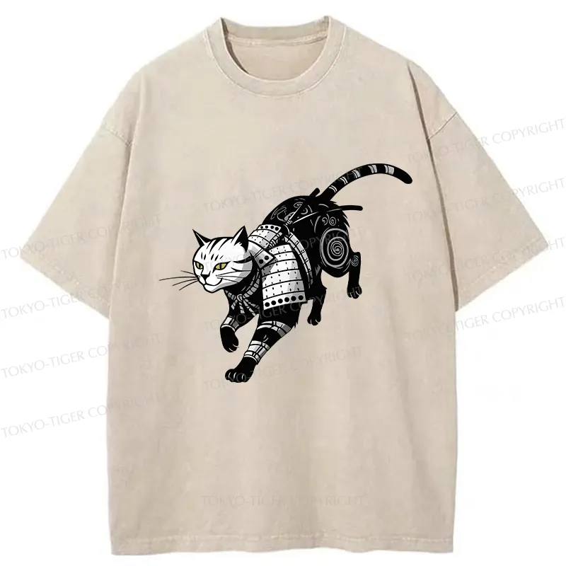 Tokyo-Tiger Armor Samurai Cat Washed T-Shirt Sale