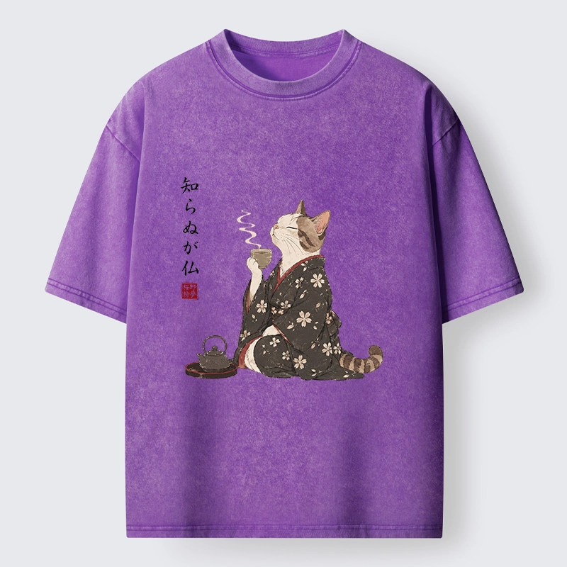 Tokyo-Tiger Zen Cat Drinking Tea In A Kimono Washed T-Shirt