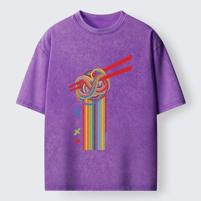 Tokyo-Tiger Colorful Noodles On Red Chopsticks Washed T-Shirt