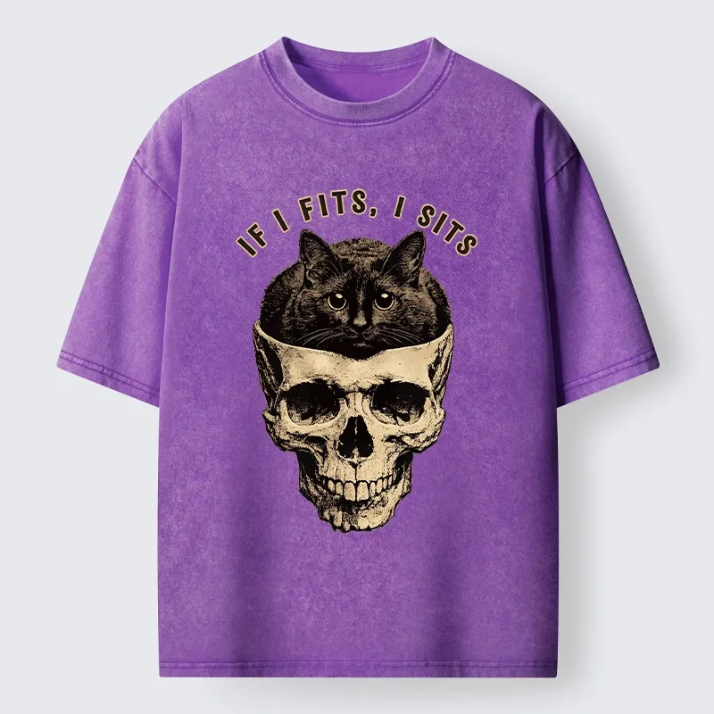 Tokyo-Tiger Cat In A Skull If It Fits I Sits Washed T-Shirt