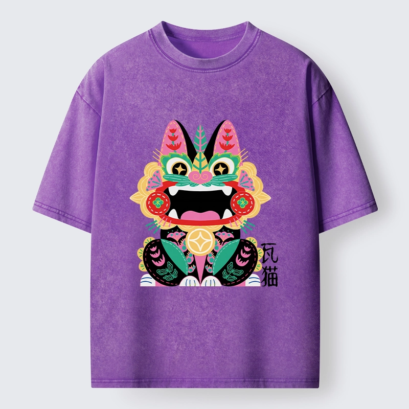Tokyo-Tiger Colorful Meme Cat With Folk Style Washed T-Shirt