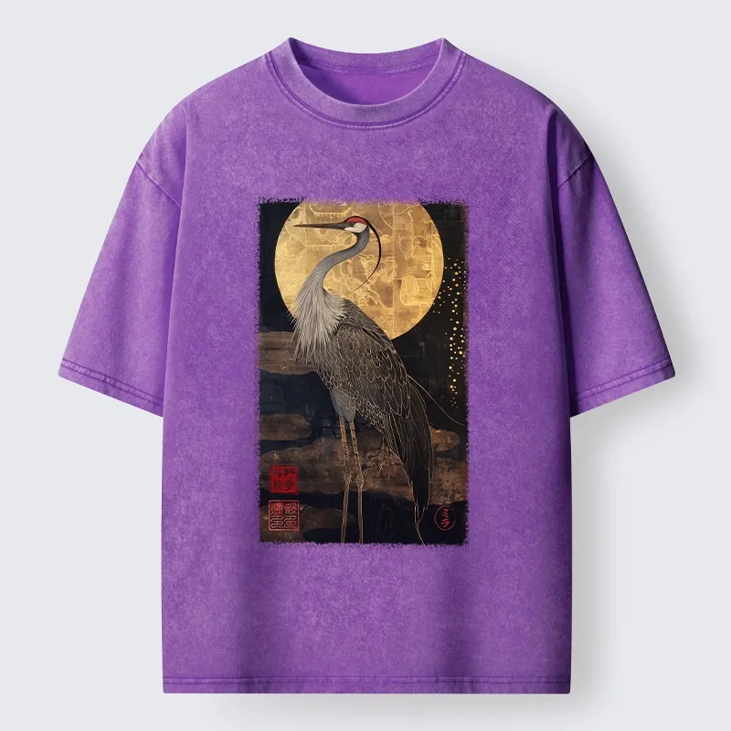 Tokyo-Tiger Golden Crane Under The Full Moon Washed T-Shirt