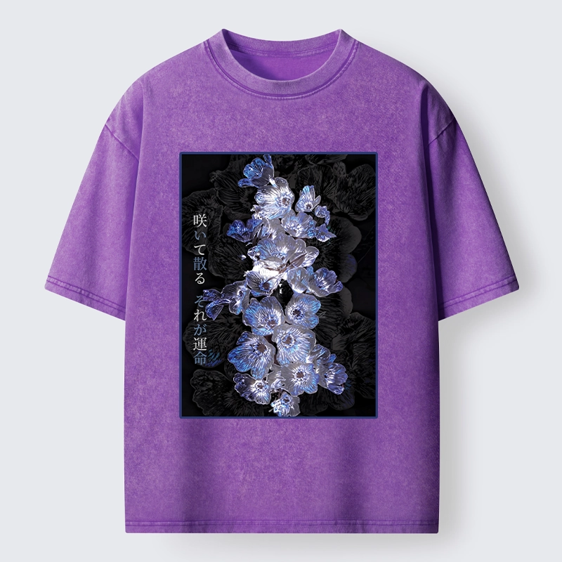 Tokyo-Tiger Glowing Blue Flowers In The Dark Washed T-Shirt