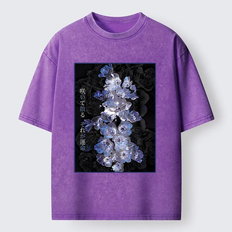 Tokyo-Tiger Glowing Blue Flowers In The Dark Washed T-Shirt