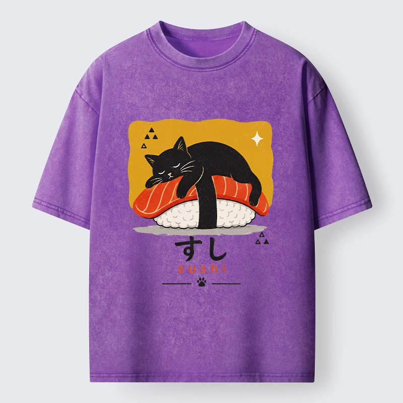 Tokyo-Tiger Black Cat Napping On Salmon Sushi Washed T-Shirt