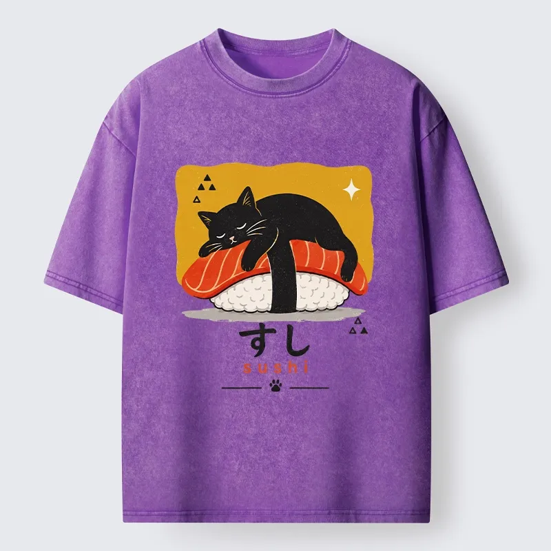 Tokyo-Tiger Black Cat Napping On Salmon Sushi Washed T-Shirt