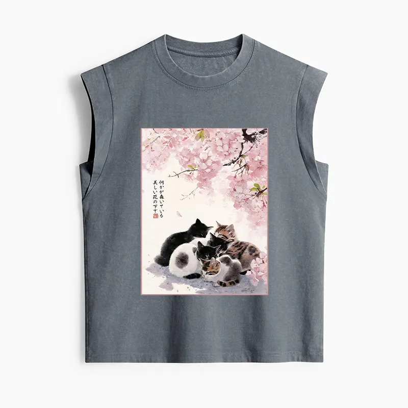 Tokyo-Tiger Cute Cats Sakura Garden Women's Washed Tank Tops