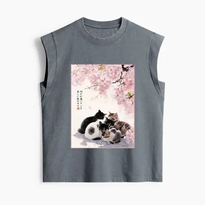 Tokyo-Tiger Cute Cats Sakura Garden Women's Washed Tank Tops