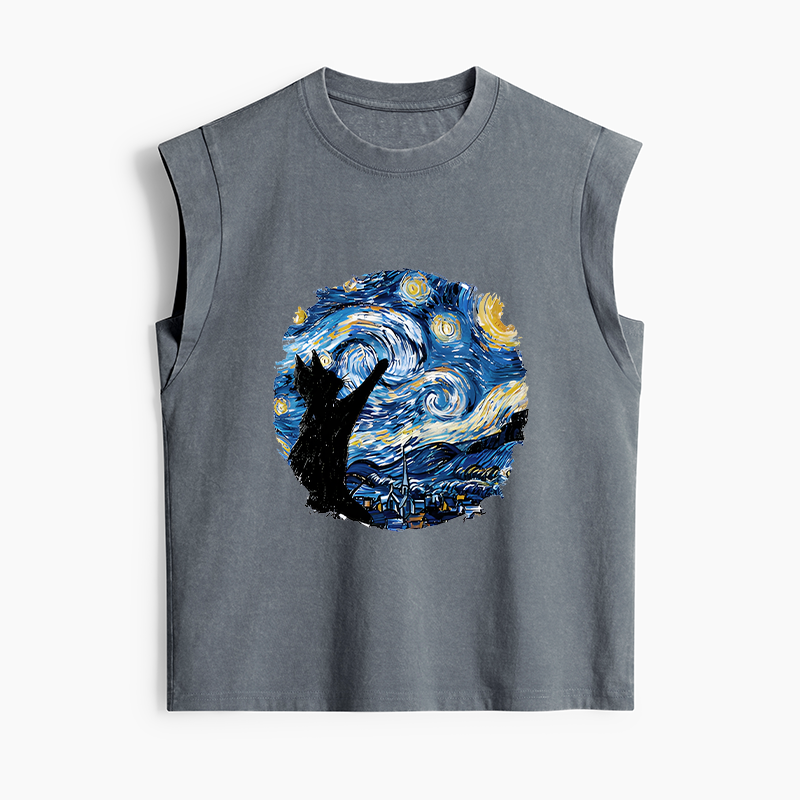 Tokyo-Tiger Starry Night Black Cat Women's Washed Tank Tops