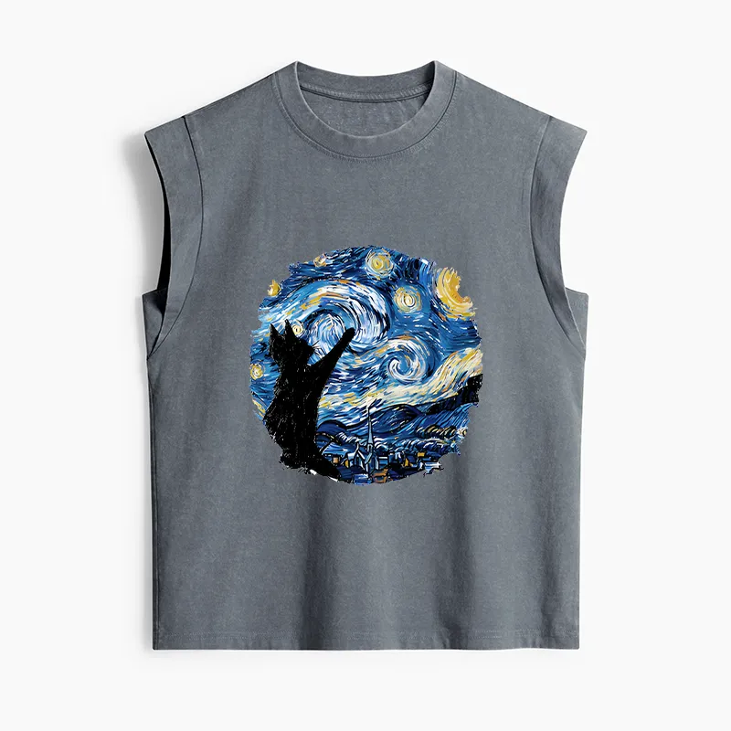 Tokyo-Tiger Starry Night Black Cat Women's Washed Tank Tops