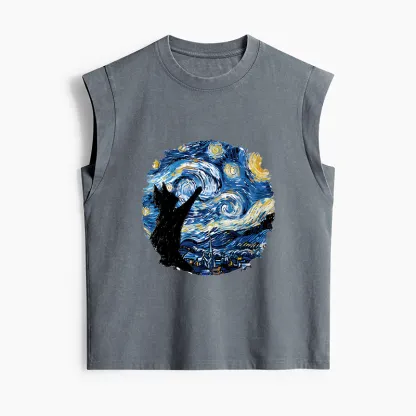 Tokyo-Tiger Starry Night Black Cat Women's Washed Tank Tops