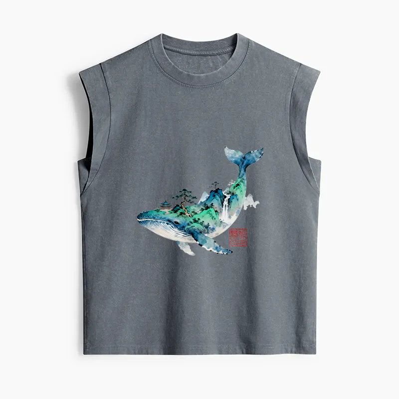 Tokyo-Tiger Whale Ink Painting Landscape Women's Washed Tank Tops