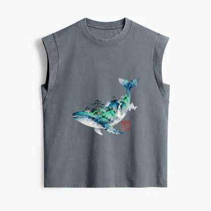 Tokyo-Tiger Whale Ink Painting Landscape Women's Washed Tank Tops