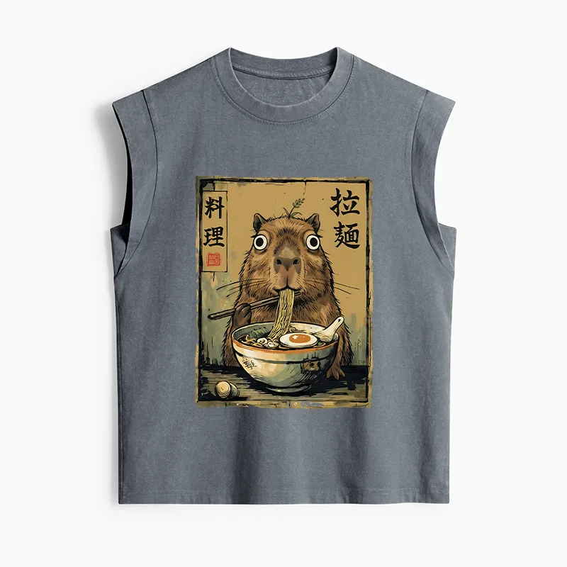 Tokyo-Tiger Cute Capybara Eating Ramen Women's Washed Tank Tops